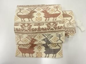 リサイクル　手織り真綿紬横段に向かい動物模様織出し作り帯